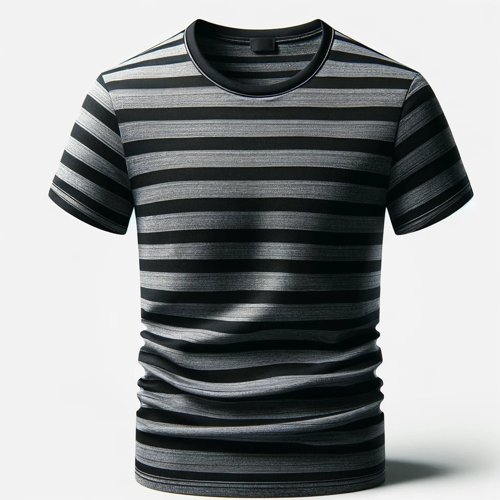 Black and Grey Striped Crew Neck T-Shirt